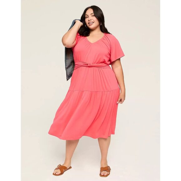 Lane Bryant Size 22/24 Paradise Pink Raglan Flutter-Sleeve Twist-Waist Dress NWT - Picture 1 of 13